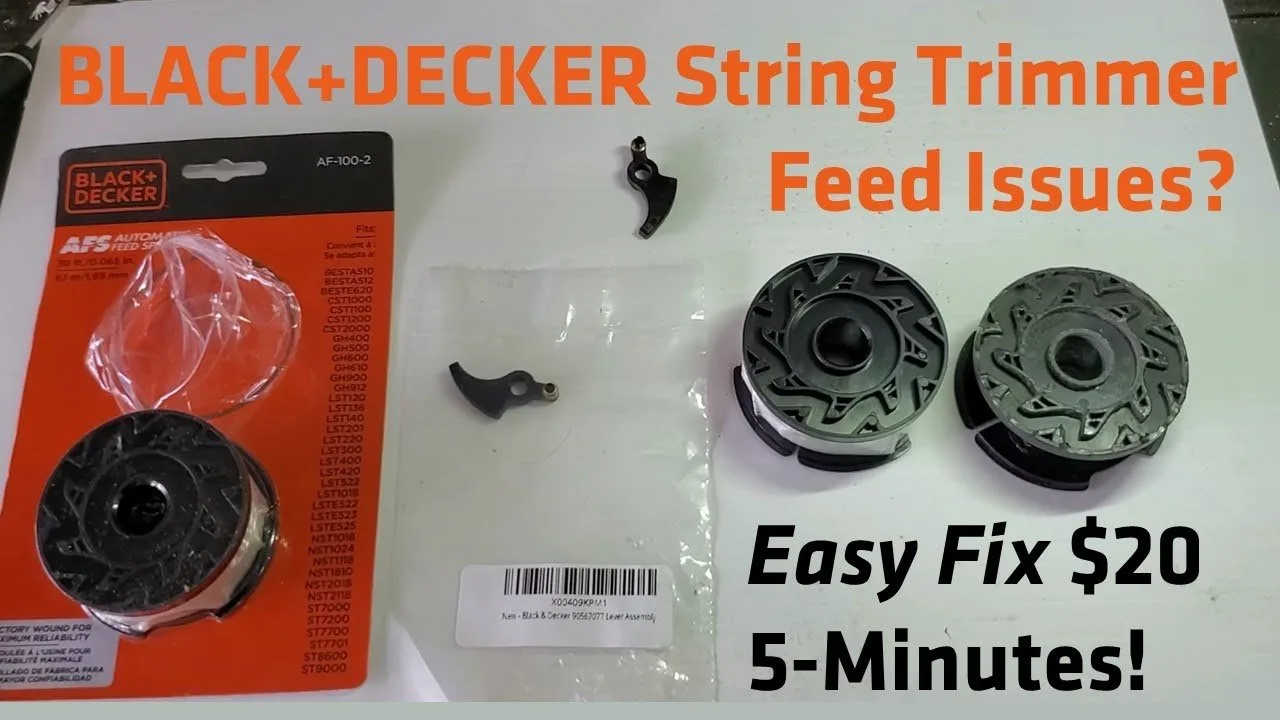 A selection of tools and parts for troubleshooting a Black and Decker trimmer spool.