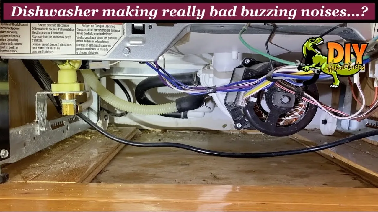 Internal water inlet valve components of a dishwasher being examined for maintenance.