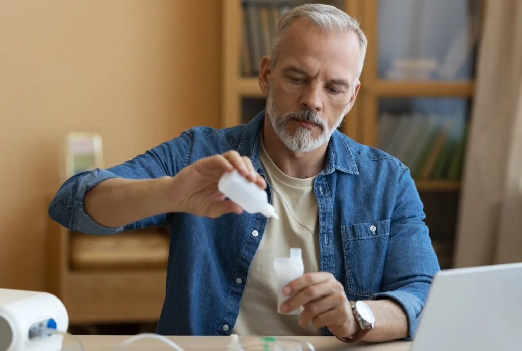 Clear liquids and solid food on a kitchen counter during dietary preparation.