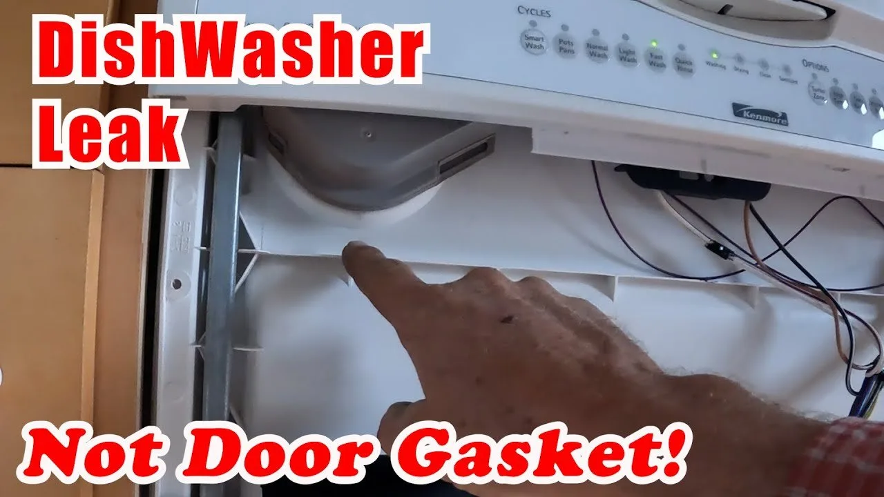 Inspecting the rubber door gasket of a dishwasher for signs of wear.