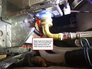 A tablet showing frequently asked questions about repairing a leaking dishwasher.