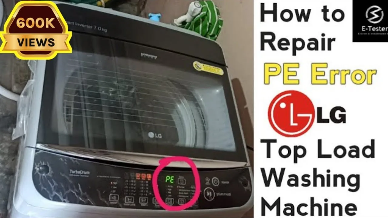 The PE error code flashes on an LG washing machine control panel display.