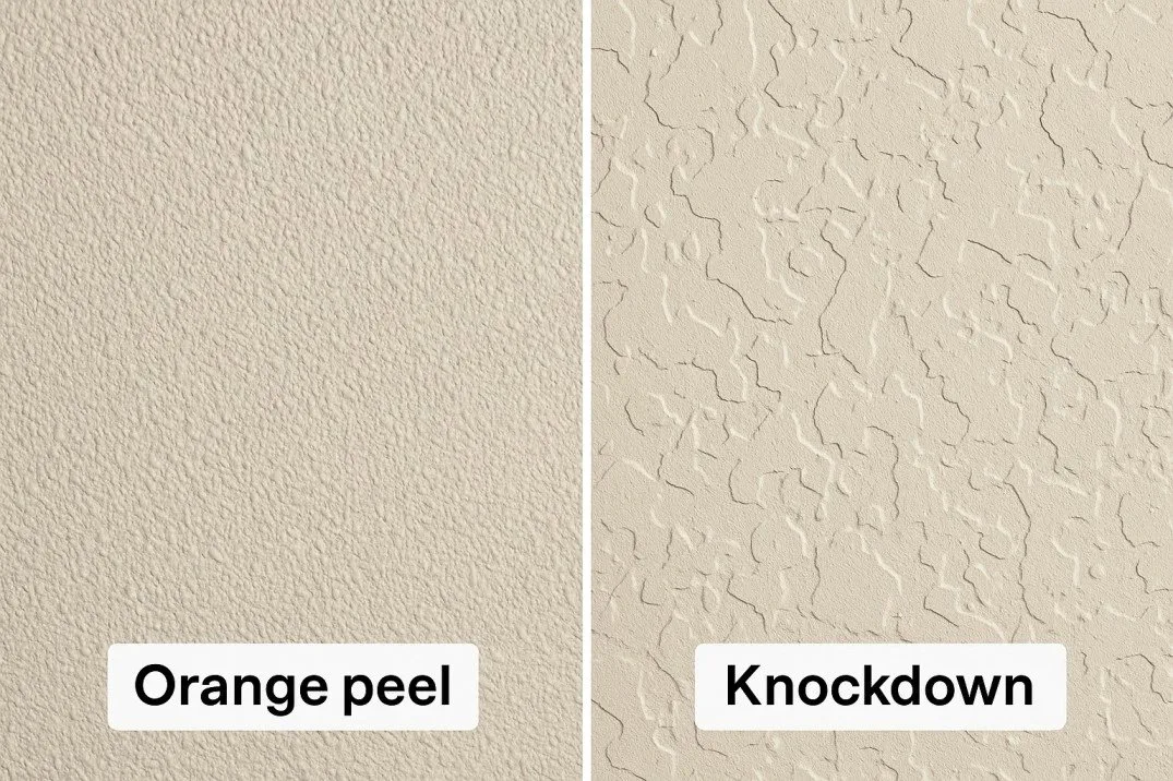 Interior walls showcasing the visual differences between orange peel and knockdown textures.