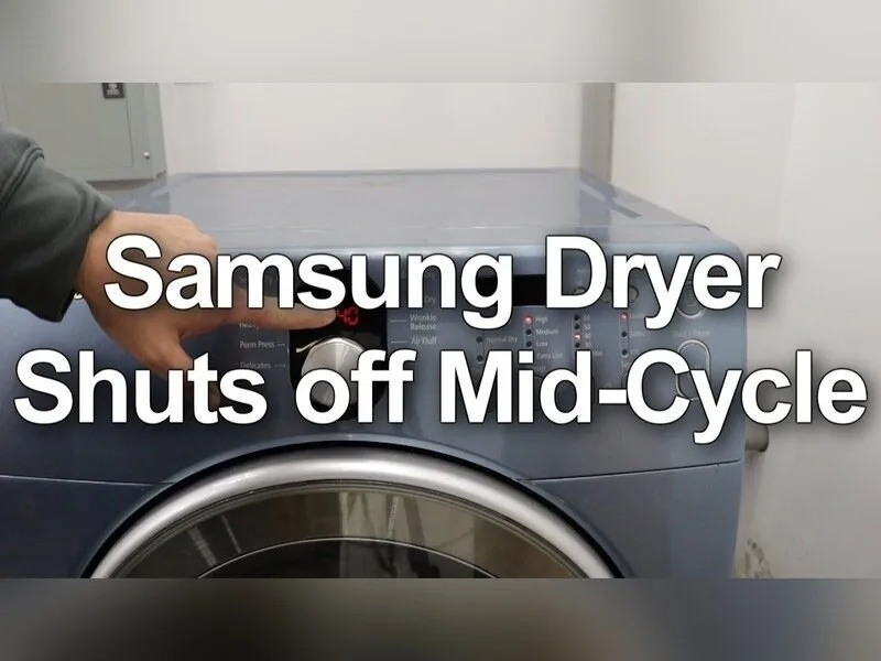 A tablet showing troubleshooting tips for a Samsung dryer in a clean laundry room.