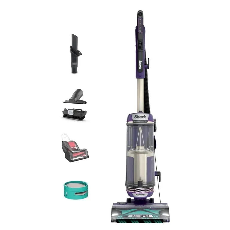 An organized storage shelf with vacuum maintenance supplies and cleaning equipment.