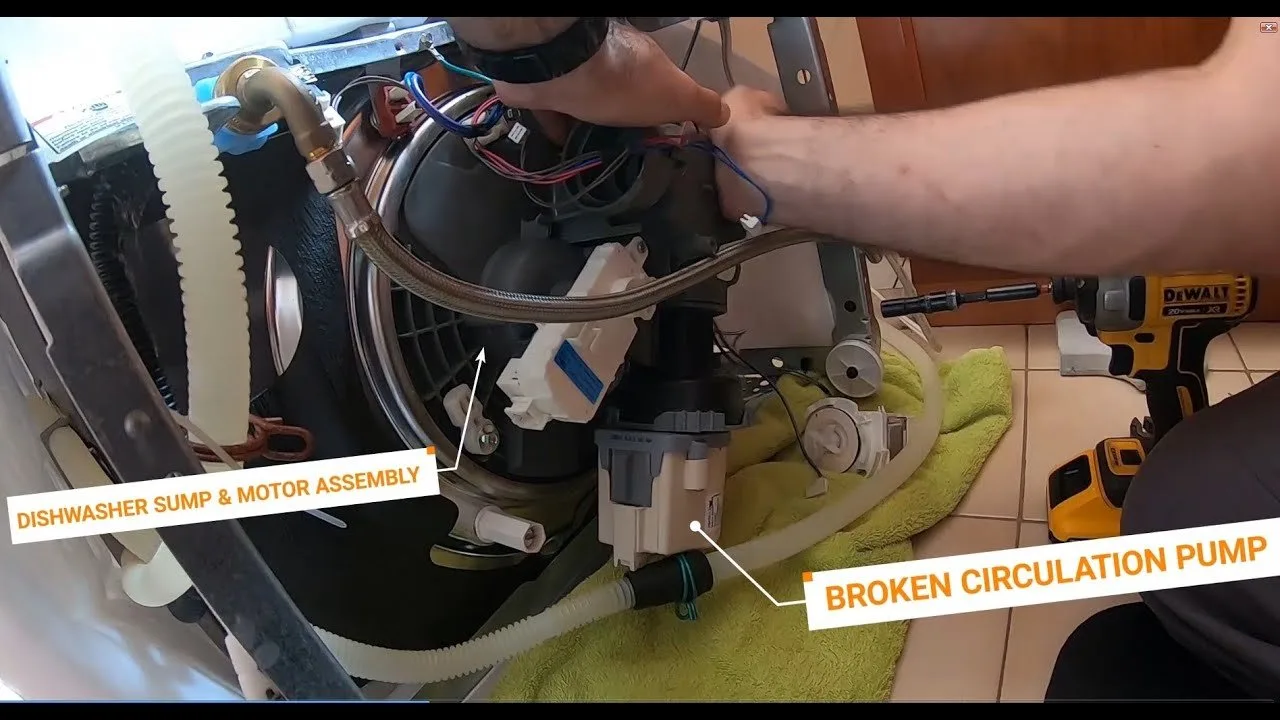 A technician inspecting the rubber door seal of a Whirlpool dishwasher.